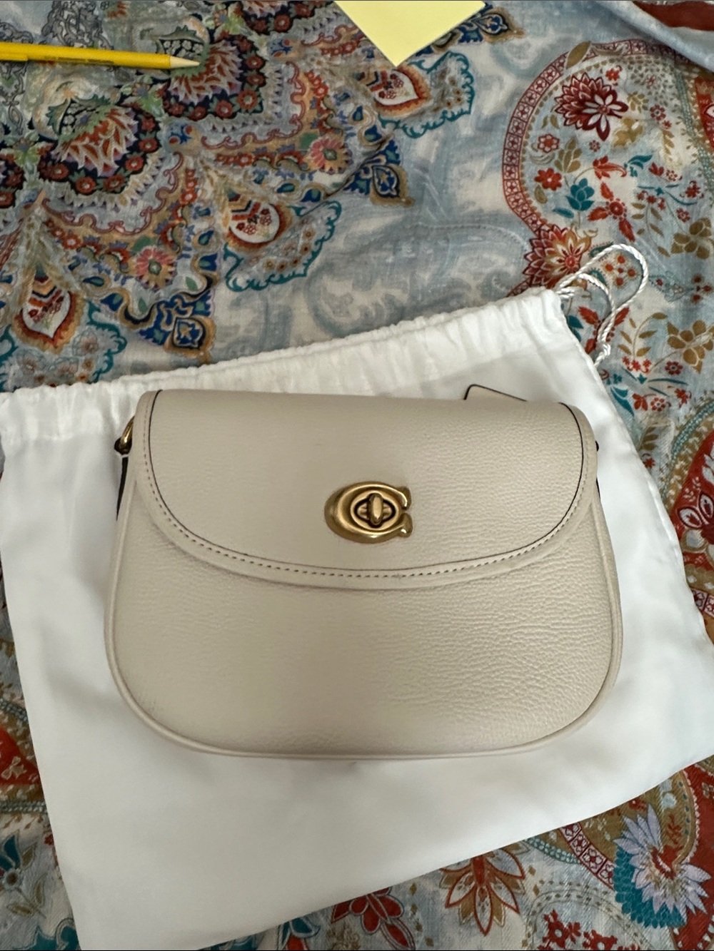 Coach Cream Leather Saddle Crossbody with Gold Turn-Lock